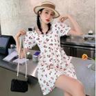 Short-sleeve Square-neck Cherry Print Dress