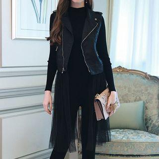 Set: Knit Top + Mesh Hem Biker Vest + Skinny Pants