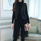 Set: Knit Top + Mesh Hem Biker Vest + Skinny Pants