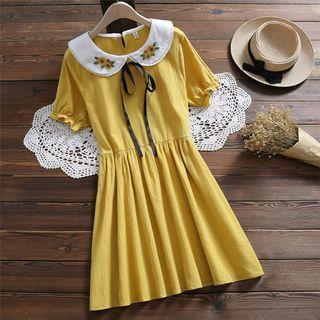 Short-sleeve Embroidered Flower A-line Dress