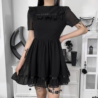 Short-sleeve Frill Trim Mini A-line Mesh Dress
