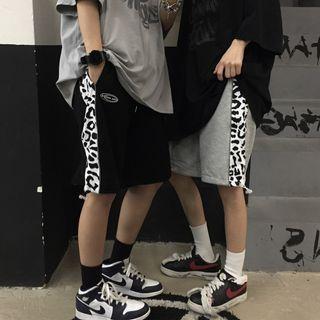 Couple Matching Drawstring Waist Leopard Panel Sport Shorts