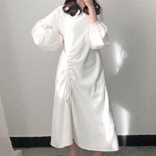 Balloon-sleeve Drawstring A-line Midi Dress