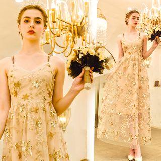 Spaghetti Strap Embroidered A-line Evening Gown