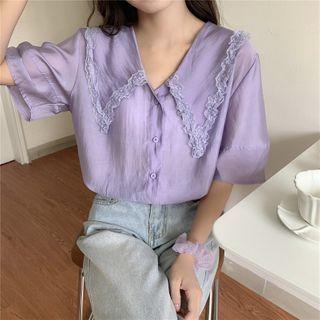 Puff-sleeve Faux Pearl Trim Top