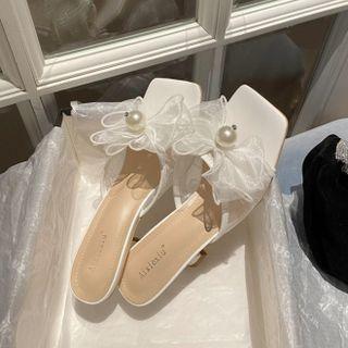 Mesh Bow Chunky Heel Slide Sandals