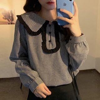 Ruffle Trim Plaid Blouse Plaid - Black & White - One Size