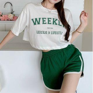 Short-sleeve Lettering T-shirt / Contrast Trim Shorts