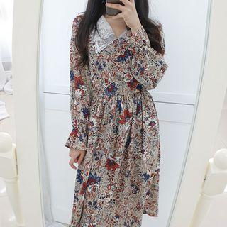 Petite Size Lace-collar Midi Floral Dress