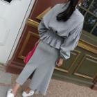 Set: Zip-up Peplum-hem Top + Slit-side Flare Skirt