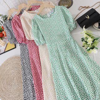 Round-neck Heart Print Lace-up Strap Short-sleeve Dress