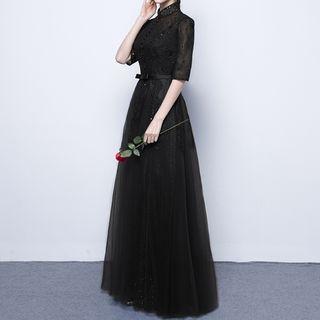 Sequined Lace Elbow Sleeve Evening Gown