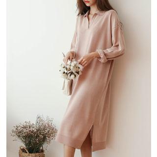 Collared V-neck Midi Knit Dress