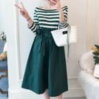 Set: Off-shoulder Striped 3/4-sleeve T-shirt + High Waist A-line Skirt
