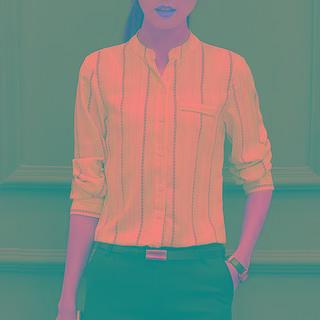 Pinstripe Open-placket Long-sleeve Blouse