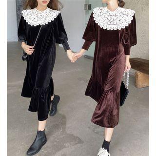 3/4-sleeve Midi A-line Velvet Dress / Lace Collar