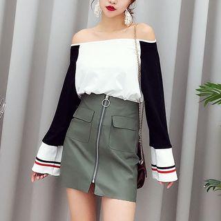 Set: Off Shoulder T-shirt + A-line Faux Leather Skirt