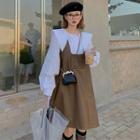 Puff-sleeve Collared Blouse / Faux Leather Overall Dress