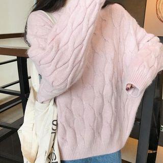 Plain Round Neck Cable-knit Loose-fit Sweater