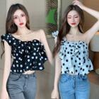 Asymmetric Off-shoulder Dotted Chiffon Top