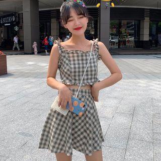 Set: Checked Cropped Camisole Top + High-waist Mini A-line Skirt