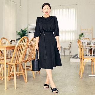 3/4-sleeve Slit-side Dress With Belt