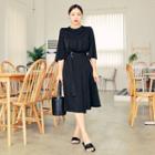 3/4-sleeve Slit-side Dress With Belt