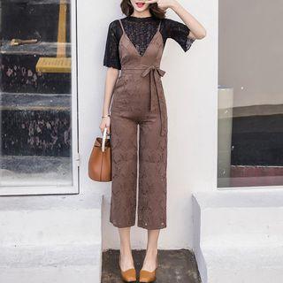 Set: Plain Elbow Sleeve Top + Spaghetti Strap Jumpsuit