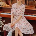 Elbow-sleeve Frill Trim Floral Chiffon A-line Dress