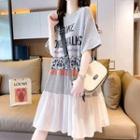 Elbow-sleeve Lettering Print Tiered A-line Dress