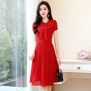 Bow Accent Ruffle Short-sleeve Midi A-line Dress