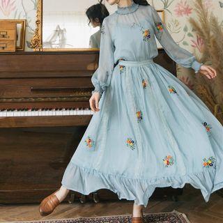Set: Flower Embroidered Blouse + Midi A-line Skirt