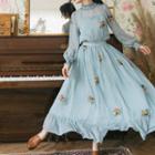 Set: Flower Embroidered Blouse + Midi A-line Skirt