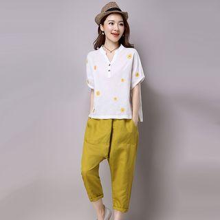 Set: Floral Top + Drop-crotch Pants