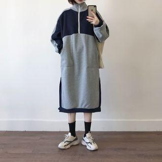 Two-tone Long-sleeve Midi Dress Gray & Dark Blue - One Size