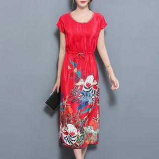 Print Cap-sleeve Midi Silk Dress