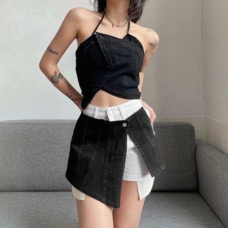 Halter Asymmetrical Denim Cropped Camisole Top / Two-tone Skort