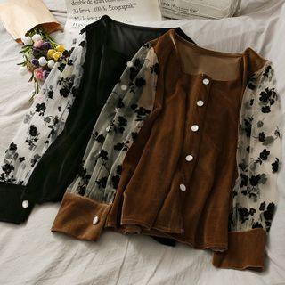 Printed Mesh-sleeve Button-down Velvet Top
