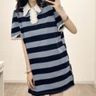 Short-sleeve Lace Trim Striped A-line Polo Dress Stripes - Blue & Black - One Size