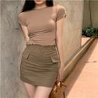 Short-sleeve Plain Slim-fit T-shirt / High-waist Slim-fit Skirt