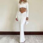 Set: Mock-neck Long-sleeve Crop T-shirt + Shirred Midi Pencil Skirt