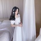 Puff-sleeve Cross Strap Midi A-line Dress