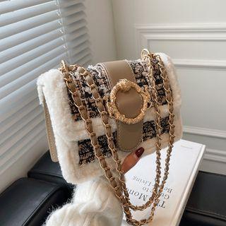 Fleece Trim Tweed Shoulder Bag