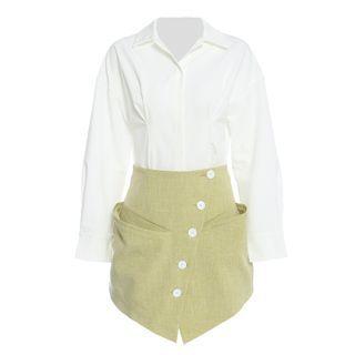 Long-sleeve Mini Shirtdress / Irregular Hem Mini A-line Skirt