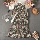 Floral Accordion Pleated Midi A-line Dress Brown & Green & White - One Size