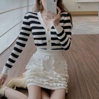 Long-sleeve Striped Knit Top / Mini A-line Skirt