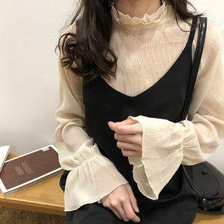 Set: Long-sleeve Chiffon Top + Spaghetti-strap Dress Top - Almond - One Size / Spaghetti Strap Dress - Black - One Size