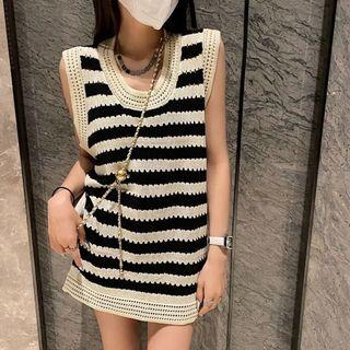 Sleeveless Stripe Loose Fit Knit Dress Almond & Black - One Size