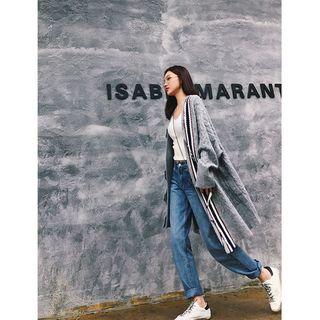Contrast Stripe Asymmetric Cable Knit Cardigan