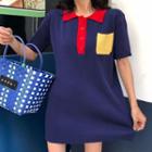 Short-sleeve Two-tone Mini Knit Polo Shirt Dress